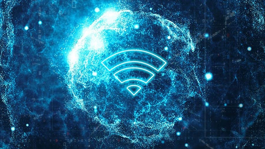 Hightech digitale wereld met WiFi-icoon, symboliseert connectiviteit en technologie voor gaming en online diensten bij Azoth Gaming.