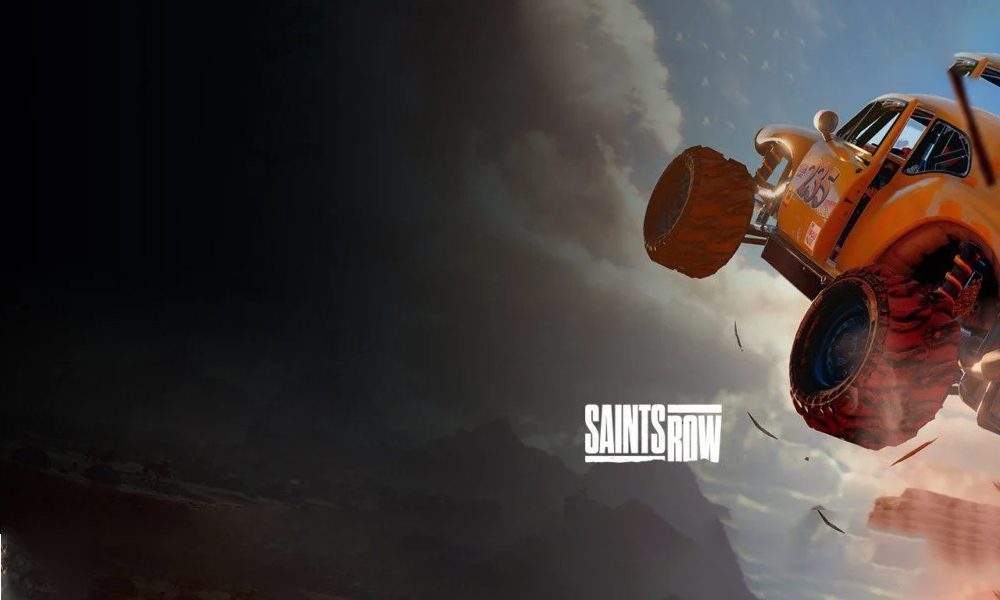 Een bulldozer in Saints Row game, springend door de lucht met een dramatische achtergrond, symboliseert actie en destructie in de gamewereld.