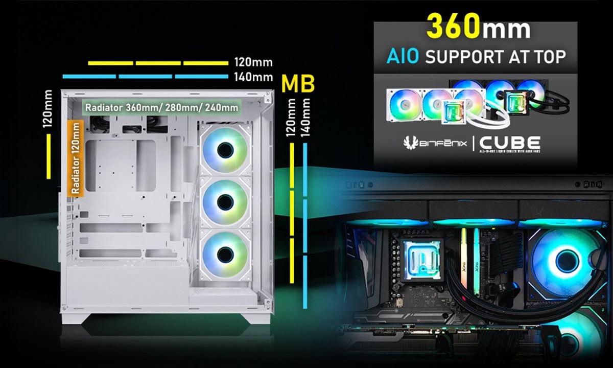 Geïllustreerde afbeelding van de BitFenix Ceto Premium Edition White ARGB behuizing met glas en USB 3.1, geschikt voor gaming en modding, met ondersteuning voor topkoeling en RGB-verlichting.