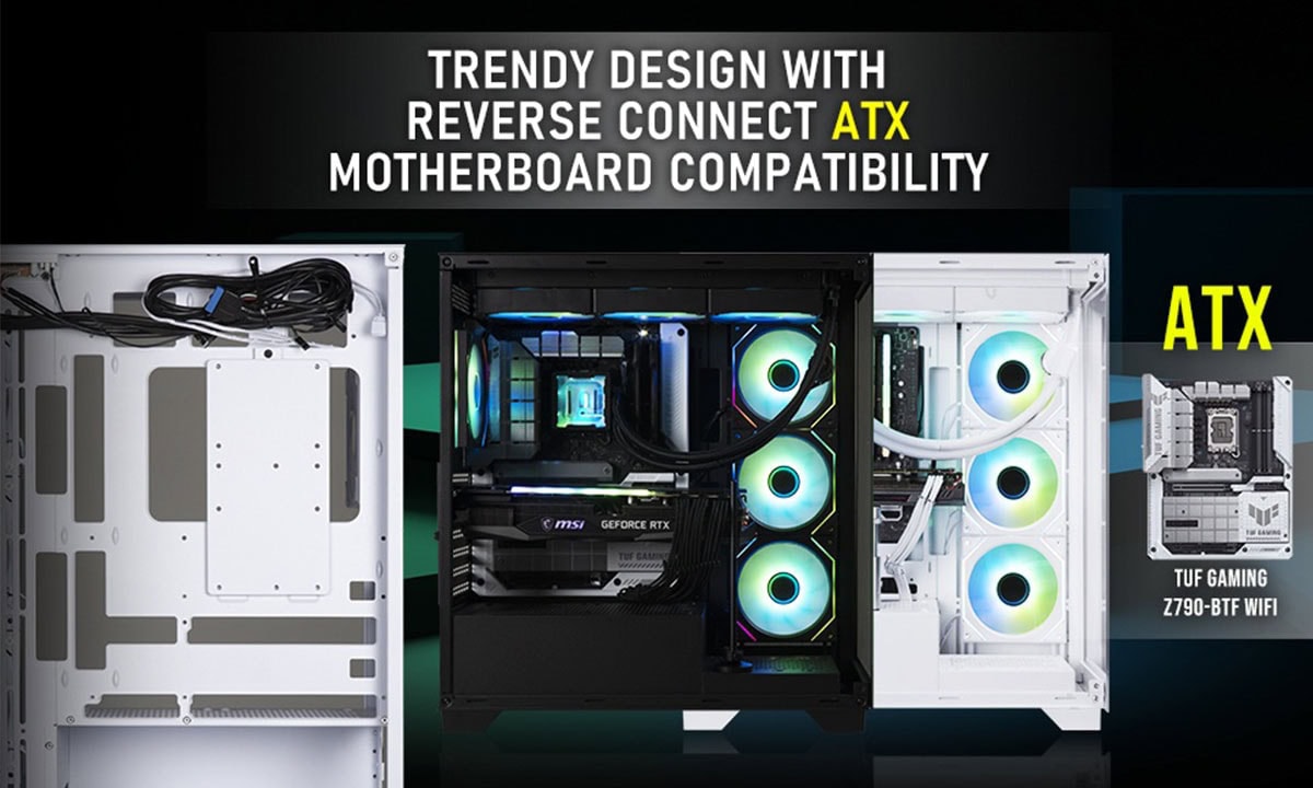 Moderne witte ATX gaming behuizing met ARGB-verlichting, glasdeur en geavanceerde koeling, geschikt voor high-performance gaming systemen.