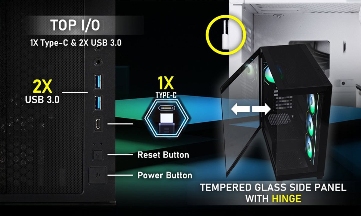 Wit ARGB gaming behuizing met gehard glas en USB 3.1, geschikt voor high-performance gaming systemen, met temperglas zijpaneel en geavanceerde ventilatie.