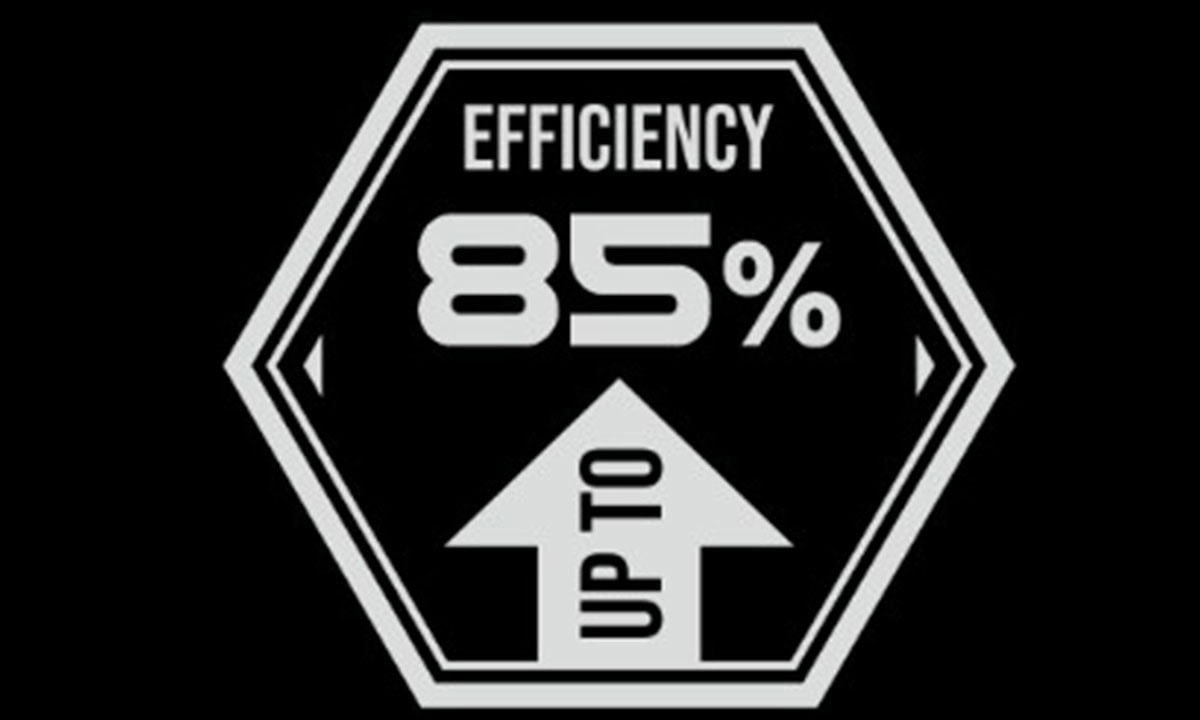 Efficiëntie 85% badge met pijl omhoog, zwart en wit ontwerp, geschikt voor gaming hardware en PC-onderdelen.