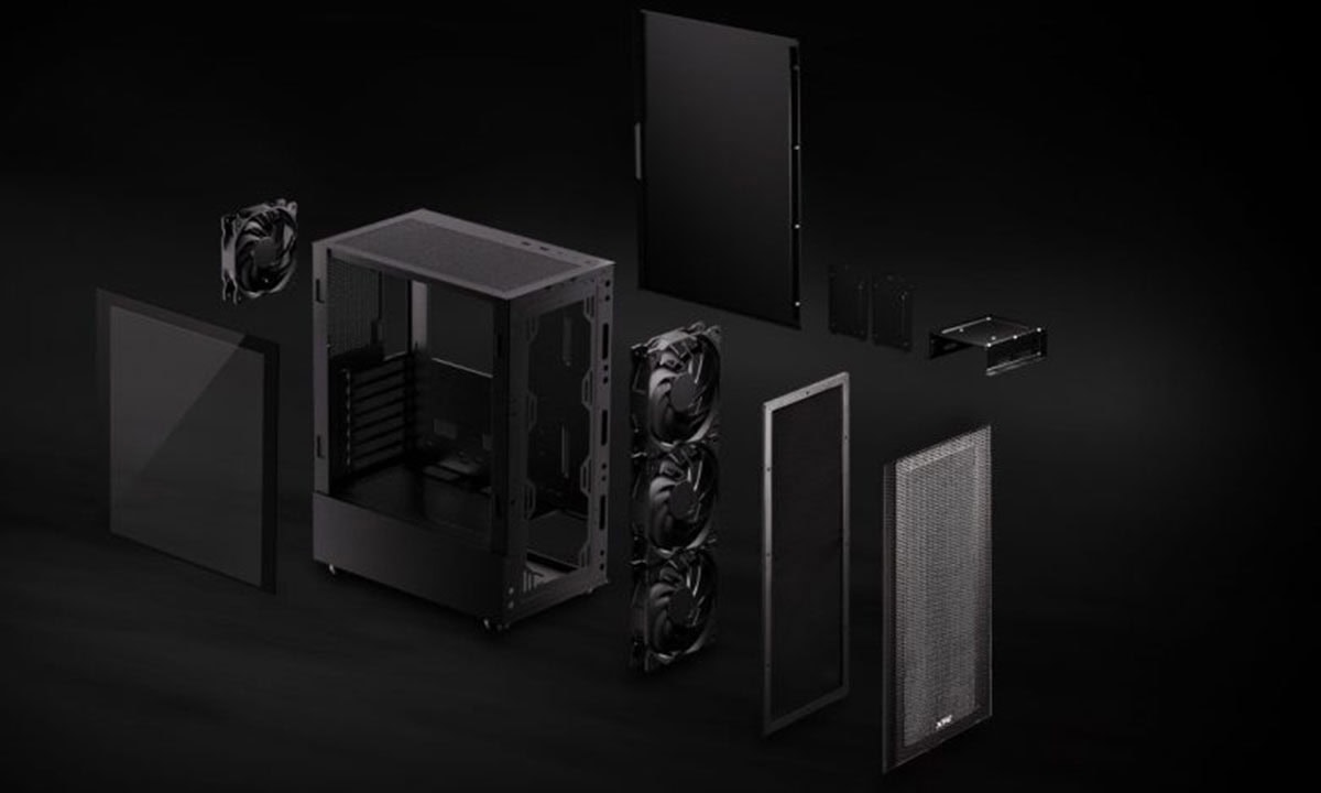 Zwart XPG Valor Mesh RGB gaming behuizing met mid tower ontwerp, inclusief ventilatoren en zijpaneel, ideaal voor high-performance gaming systemen.