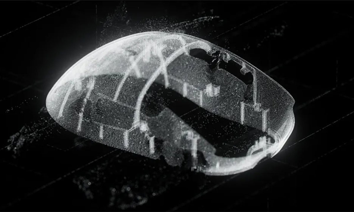 Transparante close-up van de Logitech G PRO X Superlight 2 DEX draadloze gaming muis met HERO 2 sensor, zwart kleur, ontworpen voor precisie en snelheid.