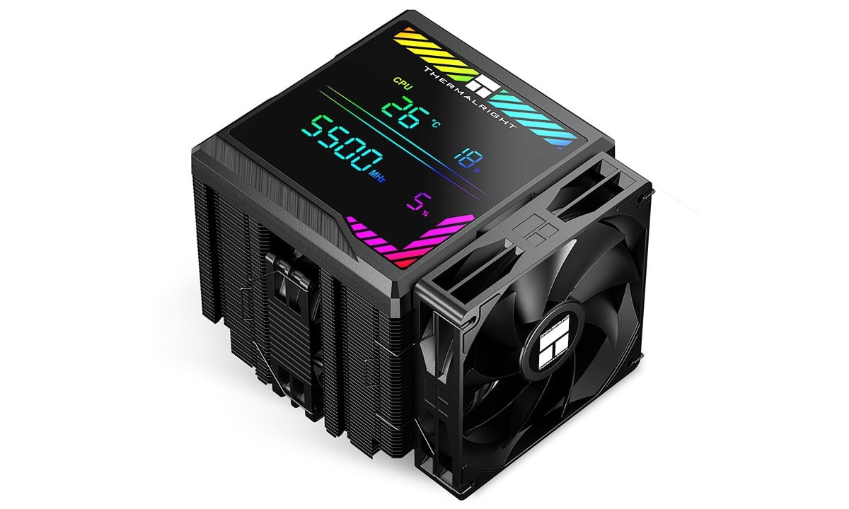 Thermalright Peerless Assassin 140 digitale zwarte luchtkoeler met LED-display, compatibel met Intel en AMD, ontworpen voor optimale koeling en stille werking.