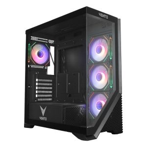 Vent0 VENTO behuizing met 4x ARGB-verlichte ventilatoren en gehard glazen zijpaneel, ideaal voor gaming PC's. Inclusief USB 3.0 en ruimte voor krachtige hardware, perfect voor gamers en PC-bouwers.
