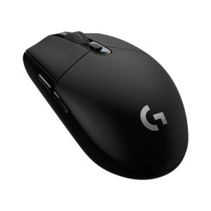 Zwarte Logitech G305 LIGHTSPEED draadloze gaming muis met ergonomisch ontwerp en programmeerbare knoppen, ideaal voor competitief gamen en precisie.