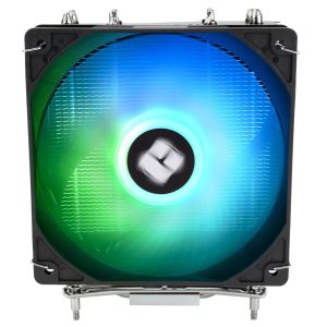 Een krachtige, verlichte koelventilator met blauw en groen LED-licht, ontworpen voor optimale koeling van gaming computers. Geschikt voor high-performance PC's en gaming setups.
