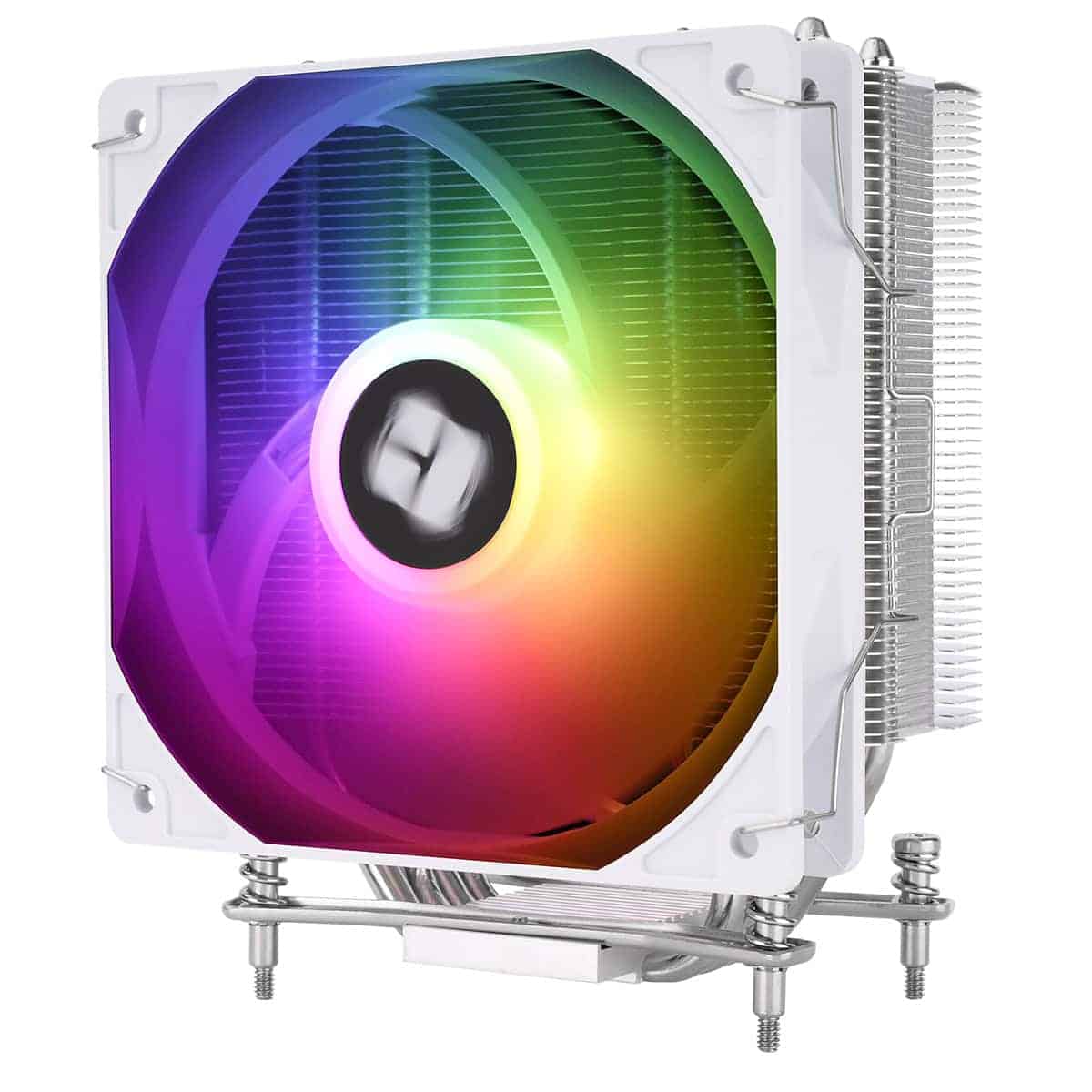 Een witte CPU-koelventilator met kleurrijke RGB-verlichting, ideaal voor gaming en high-performance pc's. Ontworpen voor optimale koeling en visueel effect, perfect voor gamers en enthusiasts.