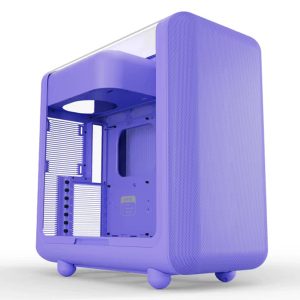 Taro Milk Gehard Glas USB 3.2 ATX Mid Tower Gaming Behuizing, blauw, met zijpaneel van gehard glas en ventilatieopeningen.