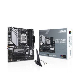 ASUS PRIME B650M-A WIFI II moederbord met DDR5, socket AM5, M.2, HDMI, DP, VGA, WiFi, geschikt voor gaming en high-performance PC builds.