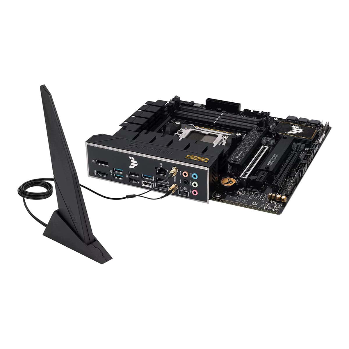 ASUS TUF Gaming B650M-PLUS WiFi moederbord met DDR5, AM5 socket, HDMI, DP en M.2 slots, geschikt voor gaming en high-performance PC builds.